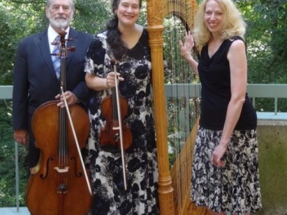 Three individuals holding musical instruments and representing Trio Montage.