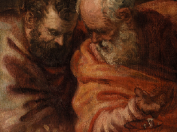 Painting of two men. Seems like they are talking.
