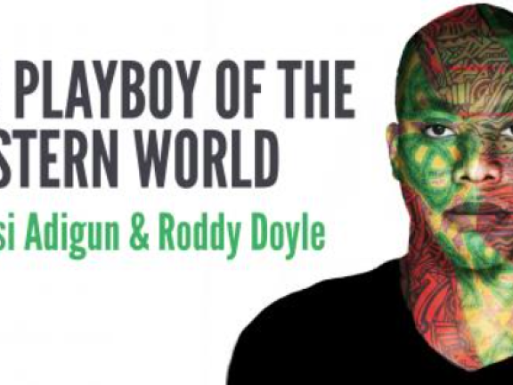 Event banner with the title of the play with the playwright/directors names and an image of the actor with a combination of Nigerian and Celtic symbolism across his face and neck