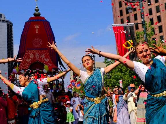 Women dancing at the Philadelphia Rathayatra Street Festival