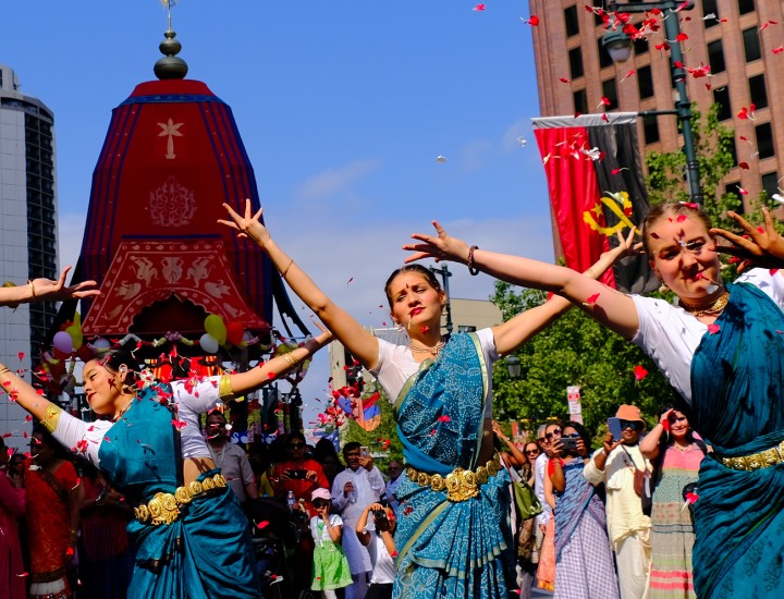 Women dancing at the Philadelphia Rathayatra Street Festival