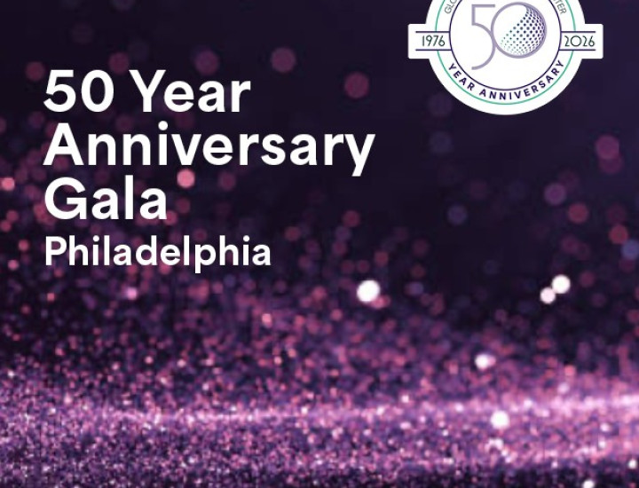 Sparkly purple background with GIC Anniversary logo and text reading 50 year anniversary gala: Philadelphia 